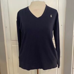 Polo Ralph Lauren V-Neck Sweater Top Long Sleeve Women's Classic Navy Blue knit